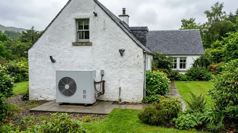Air source heat pump outside a harled Scottish cottage