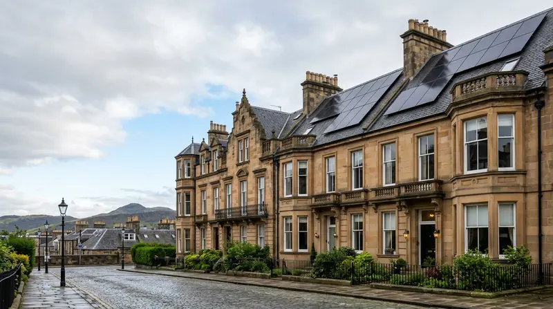 Sandstone Edinburgh tenement with solar panels on the roof