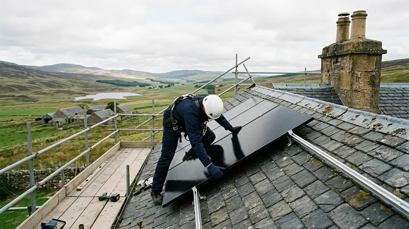 Installer fitting solar panels on a slate roof in Edinburgh